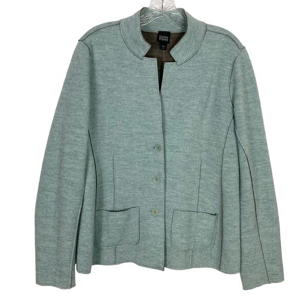 NWOT EILEEN FISHER Jacket Women M Blue Felted-Merino-Wool Raw-Hem Pocket 3-Btn - Picture 2 of 6